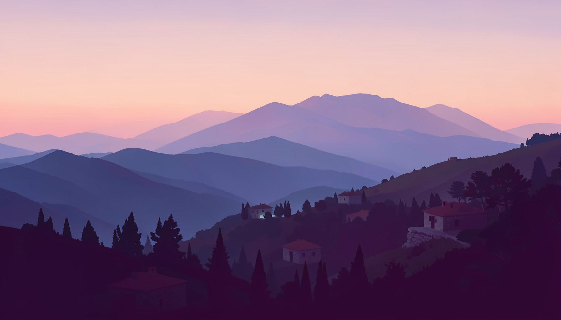 Panoramic view of Mount Parnonas at dusk in blue-grey and rose tones