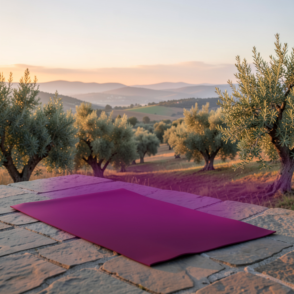 A serene yoga mat placed on a stone terrace overlooking a valley of olive groves, bathed in warm golden-hour light