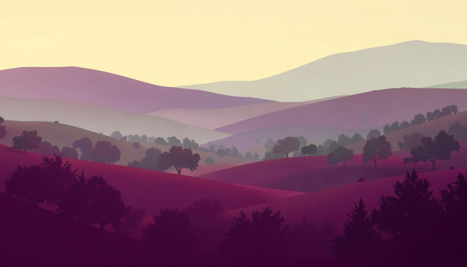 Warm hazy landscape of rolling olive groves under a golden sky